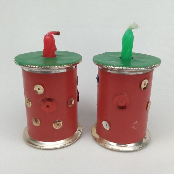 Vintage Christmas Candle Holders Set Of 2 Made From Thread Spools 1970s - Picture 2 of 9